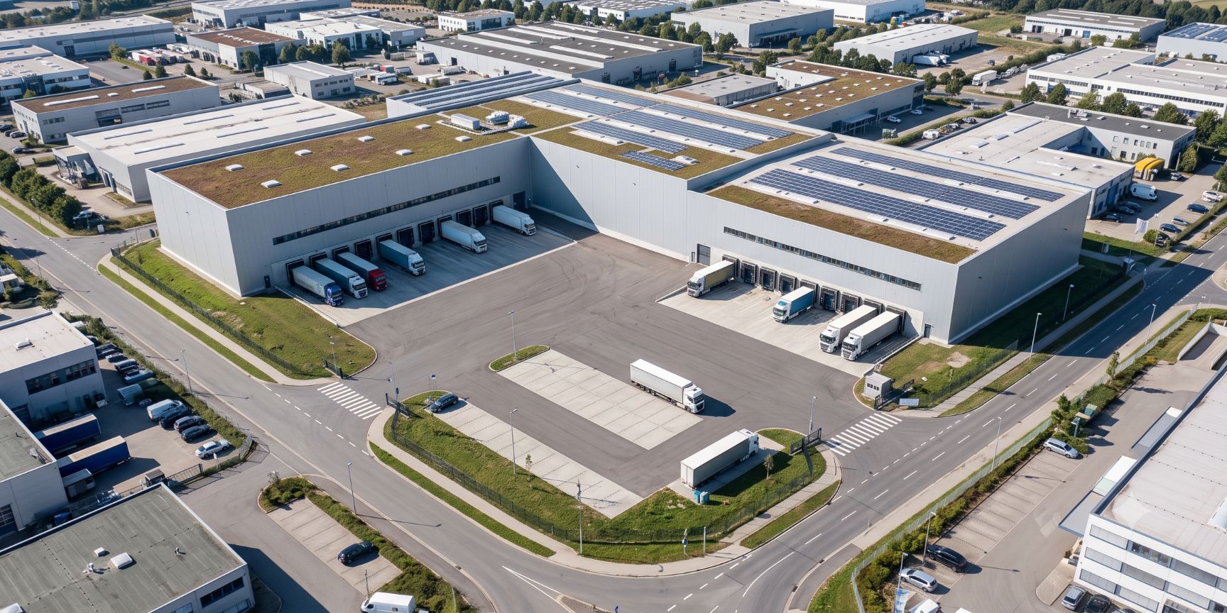 Photo of a modern L-shape logistics property on a corner plot. Separate truck entrances for incoming and outgoing goods equalize traffic. Top view of the L-hall with green roof sections and solar systems